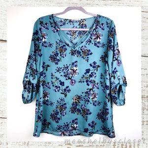 Hippie Rose Blue Floral Print Button Sleeve Blouse